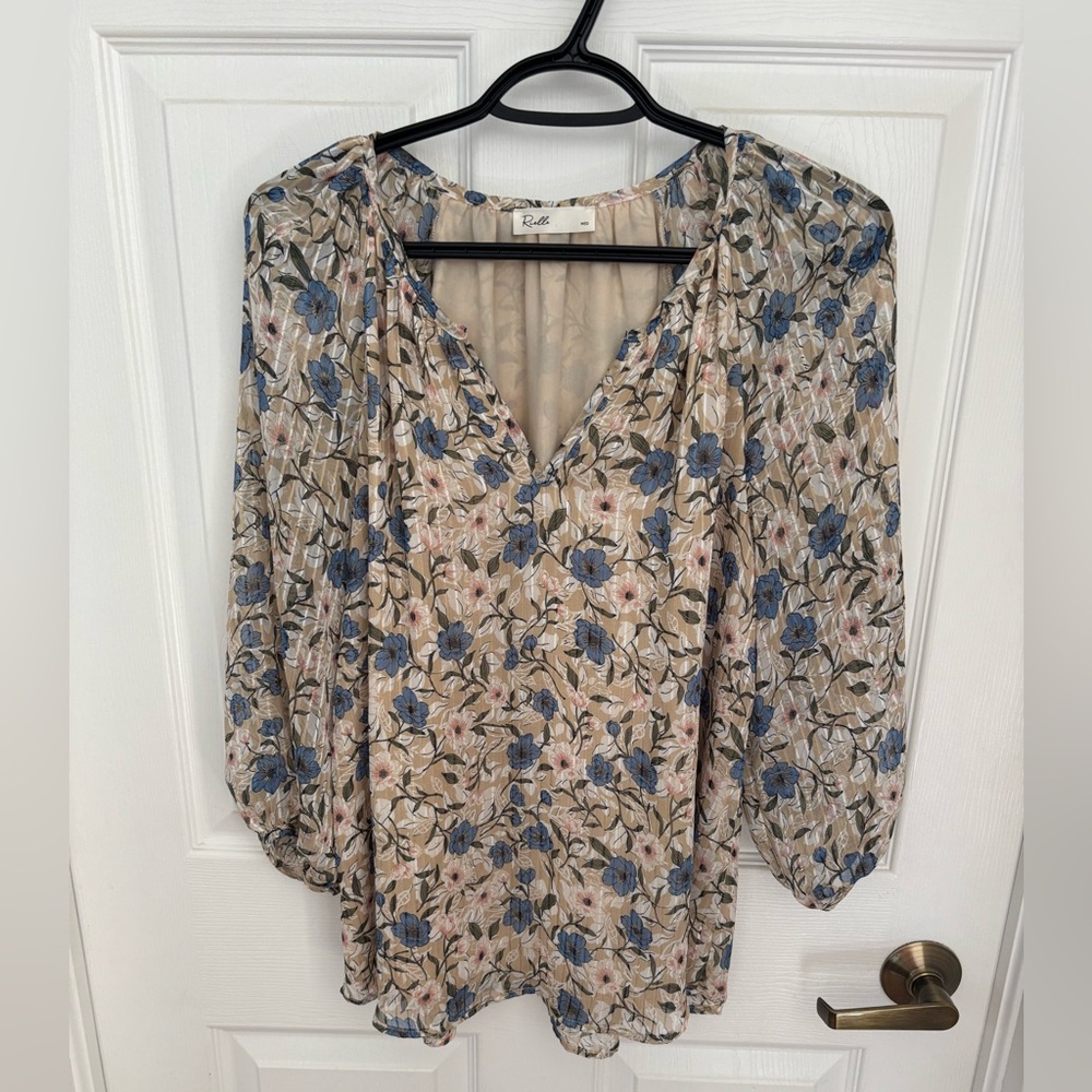 Floral V-Neck Blouse - Blue and Tan